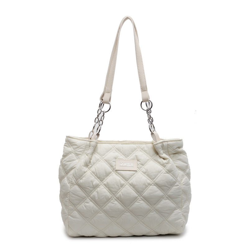 Simple casual tote bag women's spring and summer new large-capacity rhombus embroidered thread cotton bag class commuting versatile shoulder bag