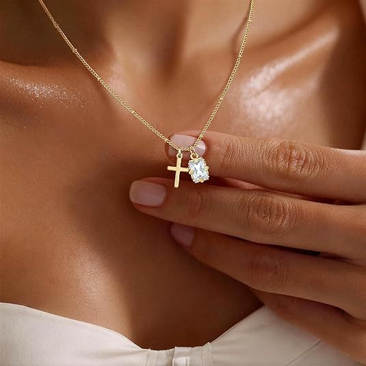 New arrival amazon geometry 12 birthstone square pendant cross inlaid rhinestone necklace lady necklace