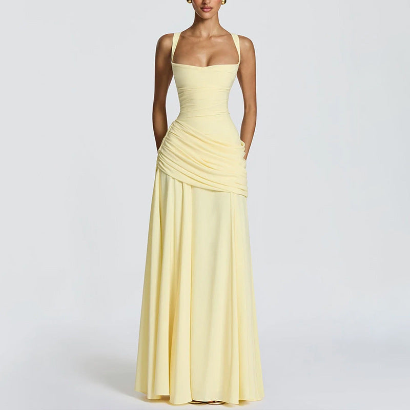 european and american summer new arrival: cross-border women's fashion - elegant solid color sleeveless cinched waist swing dress with spaghetti straps