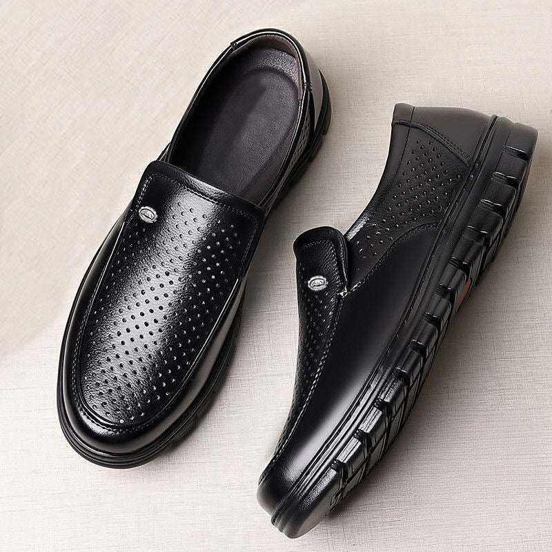 Men's summer hollow-out breathable leather shoes, soft leather sandals, casual soft sole anti-slip elderly shoes