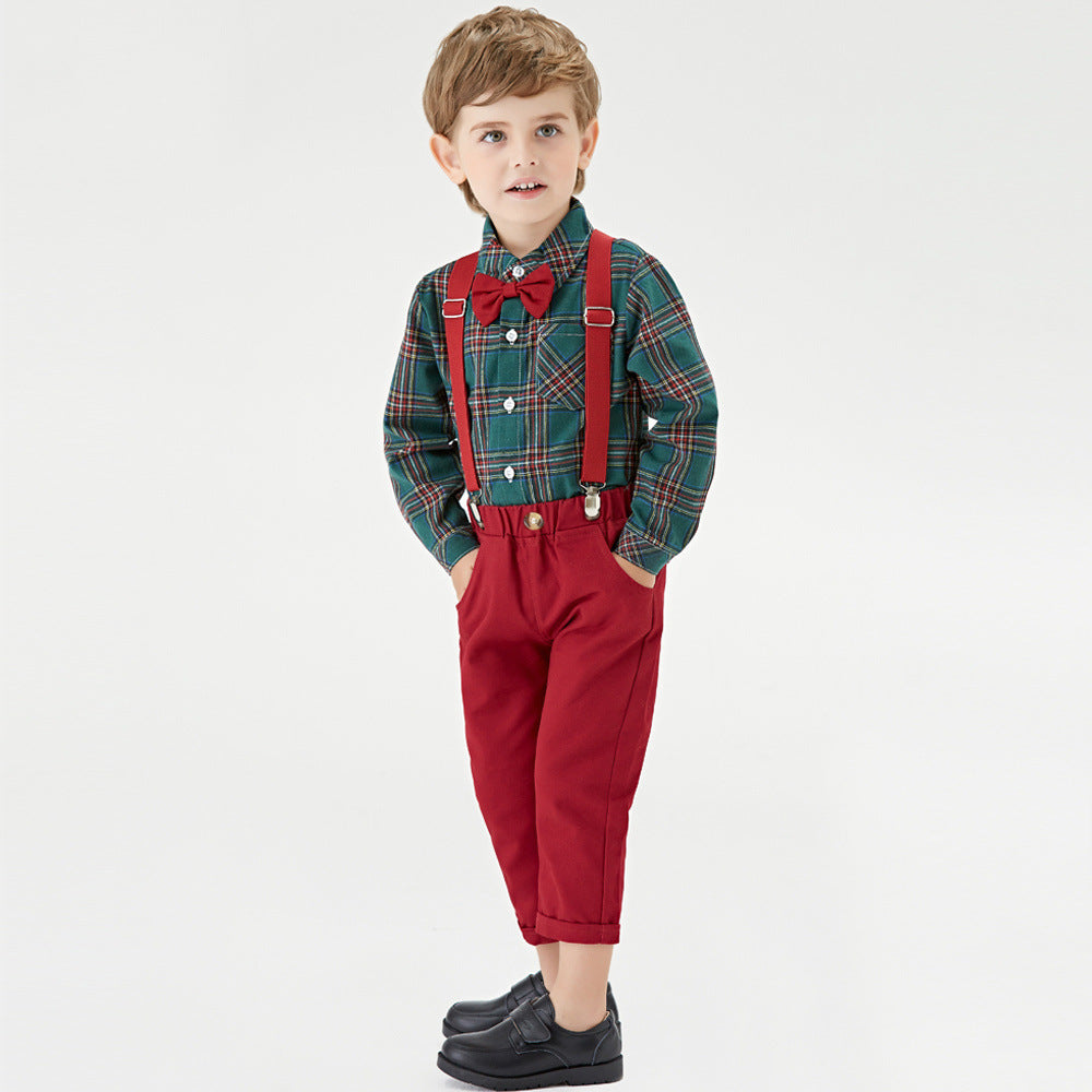 Boys' suit set - new export style, kids' christmas gentleman outfit, long-sleeve plaid shirt, autumn/winter green overalls