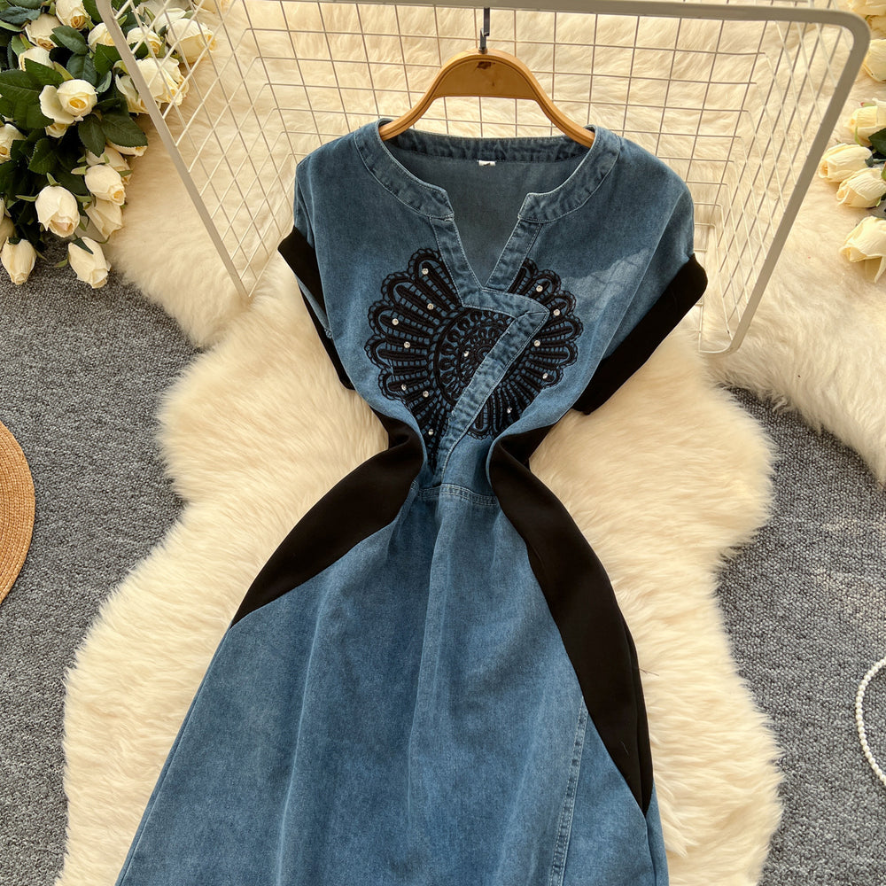 Chinese style outfit women's summer fashion heavy industry diamond embroiderv neck short sleeve patchwork denim dress women's long skirt