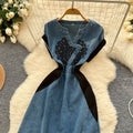 Chinese style outfit women's summer fashion heavy industry diamond embroiderv neck short sleeve patchwork denim dress women's long skirt