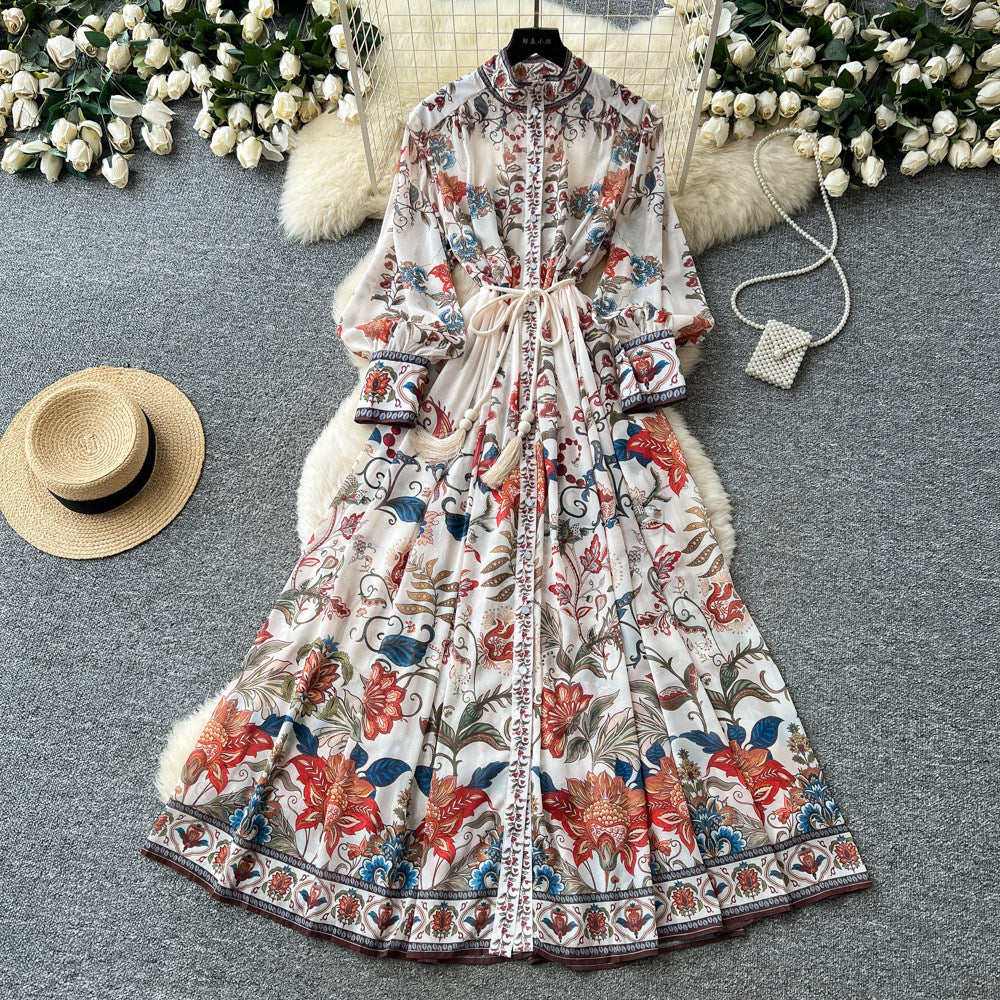 Frenchniche styleclassyprinting stand collar long sleeves waist a-line dress female summer lazy elegant long skirt