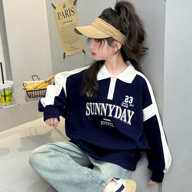 Girls' spring casual sweatshirt  new kids' polo collar fashion long sleeve little girl's spring/autumn stylish top