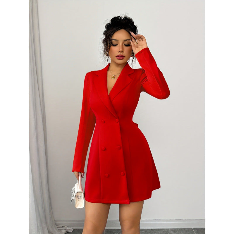 Women's autumn/winter fashionable and elegant blazer collar double-breasted v-neck open back big bow long sleeve short dress