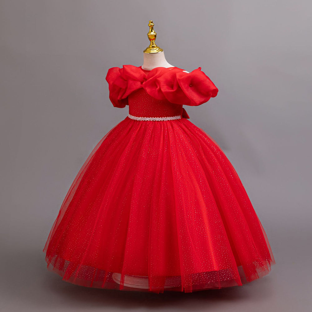 Ready-to-ship new off-the-shoulder sequin evening gown wedding dress princess dress piano performance dress for girls/kids