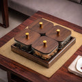 Four-compartment [transparent hammered] glass bowl + walnut tray + lid