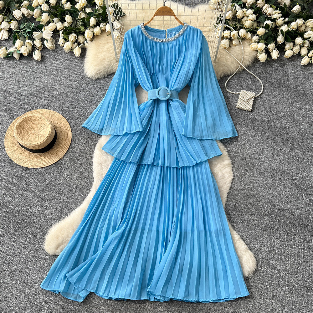 Heavy industry diamond-encrusted bell sleeves pleated sequindress women's red waist slimming look a-line large skirt qianjin style