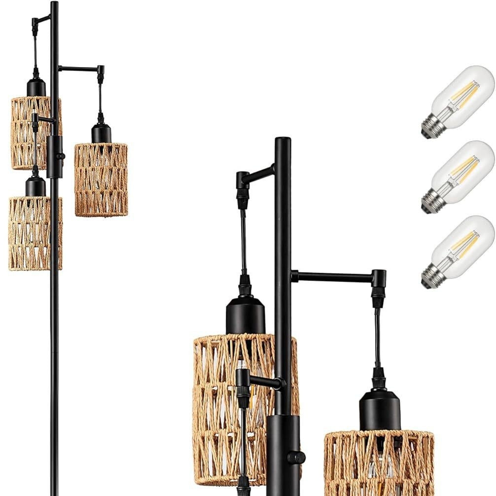 Rattan lampshade floor lamp retro American simple industrial style living room study bedroom standing lamp customization  hot sale
