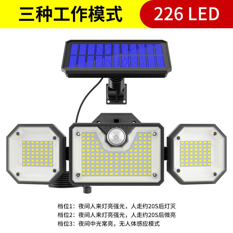 Solar intelligent remote control indoor and outdoor three-head split waterproof LED automatic human body induction floodlight wall light