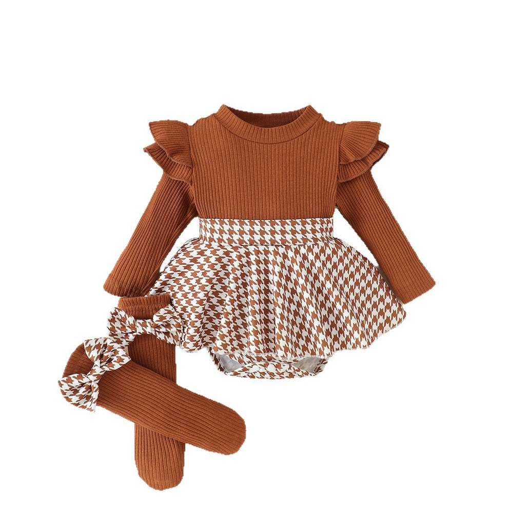 Children's clothing shein cross-border girl suit brown long-sleeved dress children's clothing suit