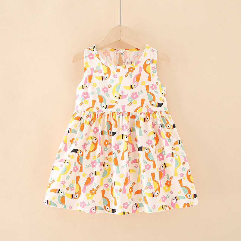 all-cotton a-line dress for girls, spring/summer sleeveless cartoon print princess dress for toddlers and young children