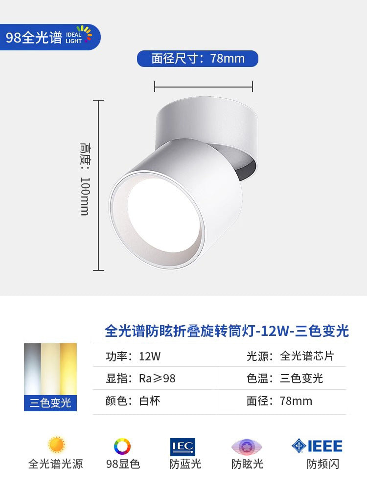 Full spectrum surface mounted downlight spotlight - no drilling, adjustable angle, bedroom ceiling light, folding hallway light, small light for home entrance