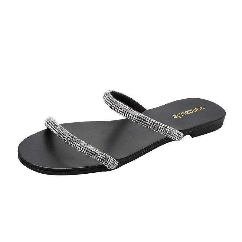 Popular easiest for matchelegant sandals 2023 summer new arrival fairy style one-piece rhinestone flats toe sandals for outwear