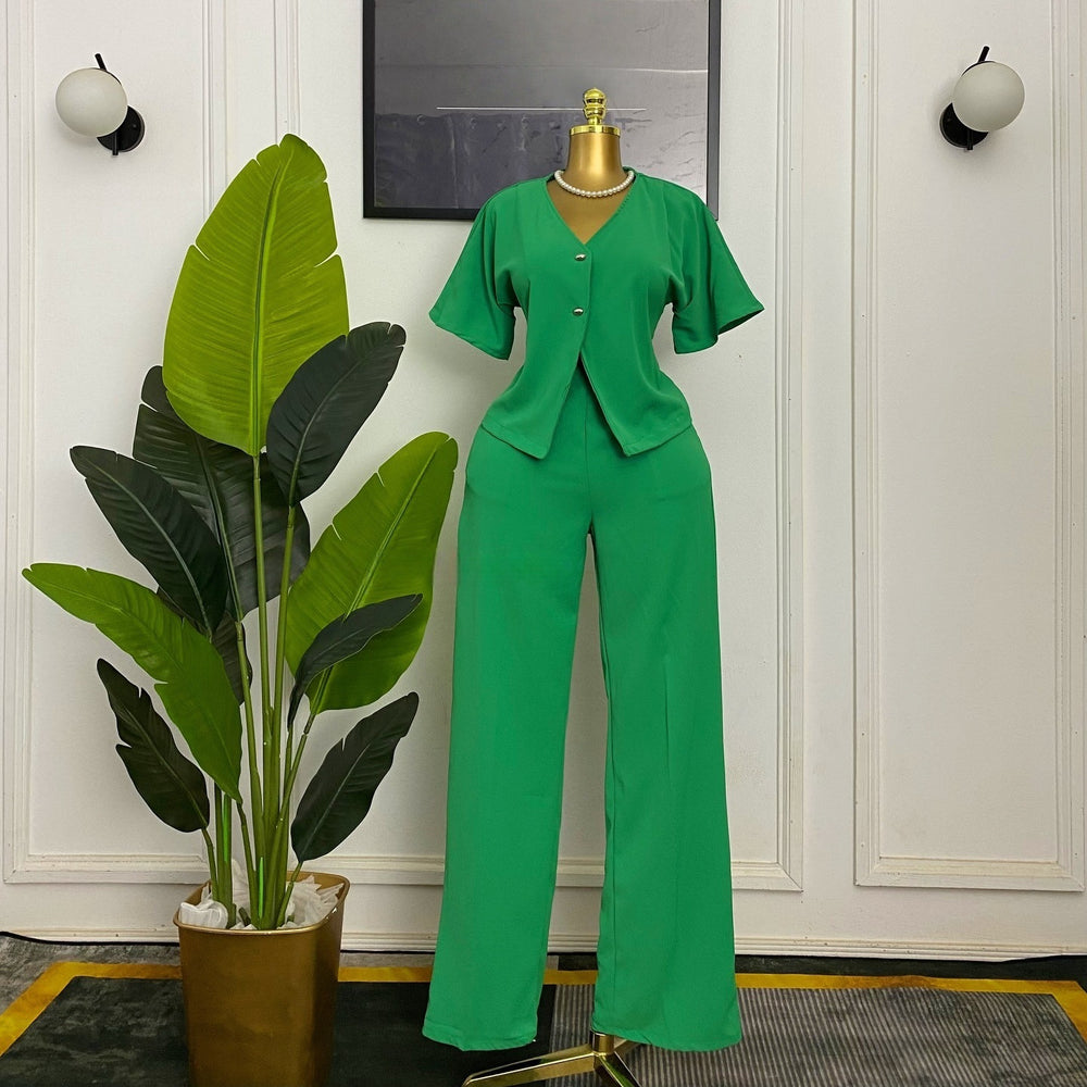 European and american cross-border women's fashion:  summer new collection - chic v-neck solid color cropped top and casual pants set