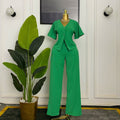European and american cross-border women's fashion:  summer new collection - chic v-neck solid color cropped top and casual pants set