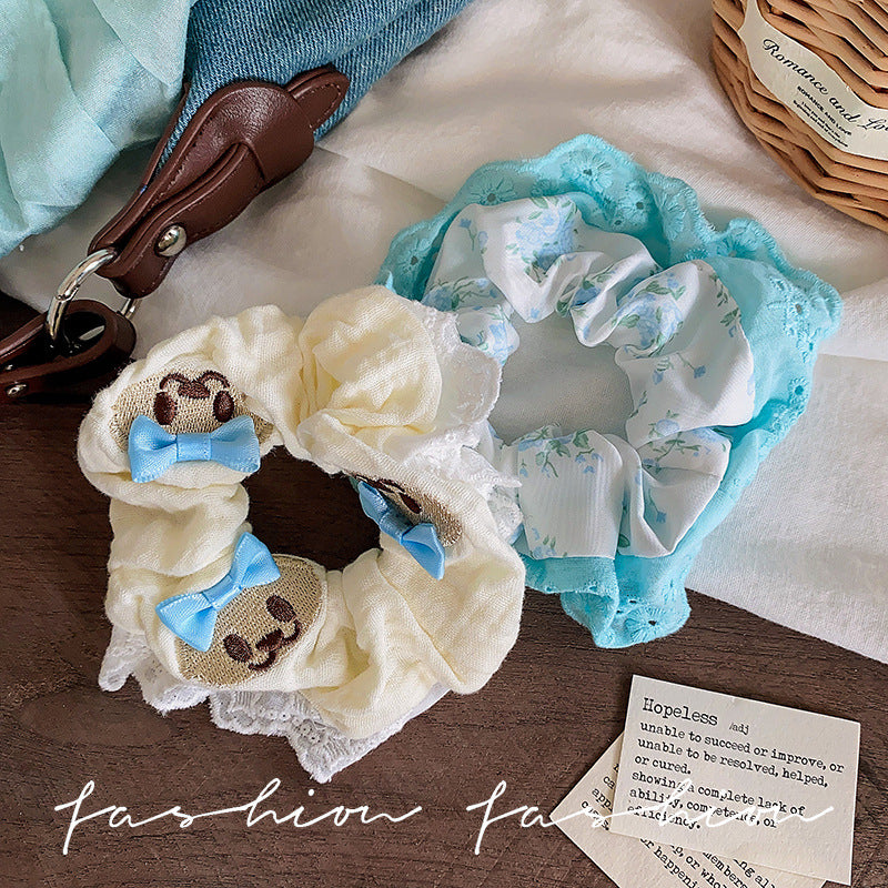 Cuteembroiderbear blue bowslace large intestine hair tie female korean style gentle large hair rope headwear wholesale