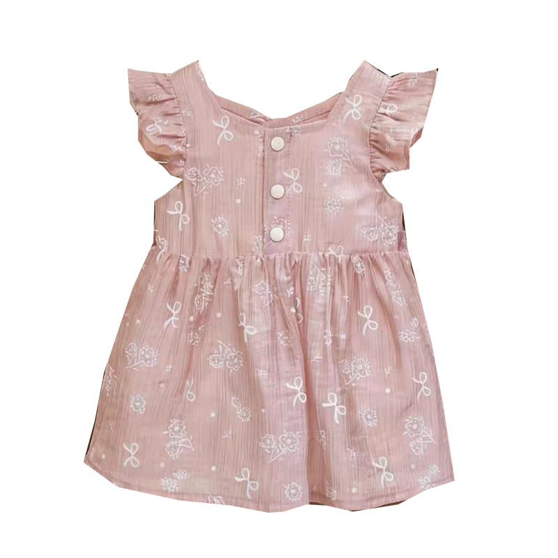 New girls' lace-trimmed round neck flutter sleeve summer floral print smocked waist a-line sweet princess dress romper