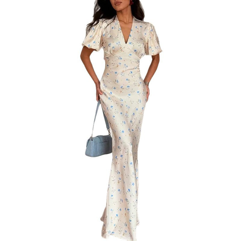 summer new women's fashion: european and american style cross-border dress - trendy printed v-neck bodycon maxi dress