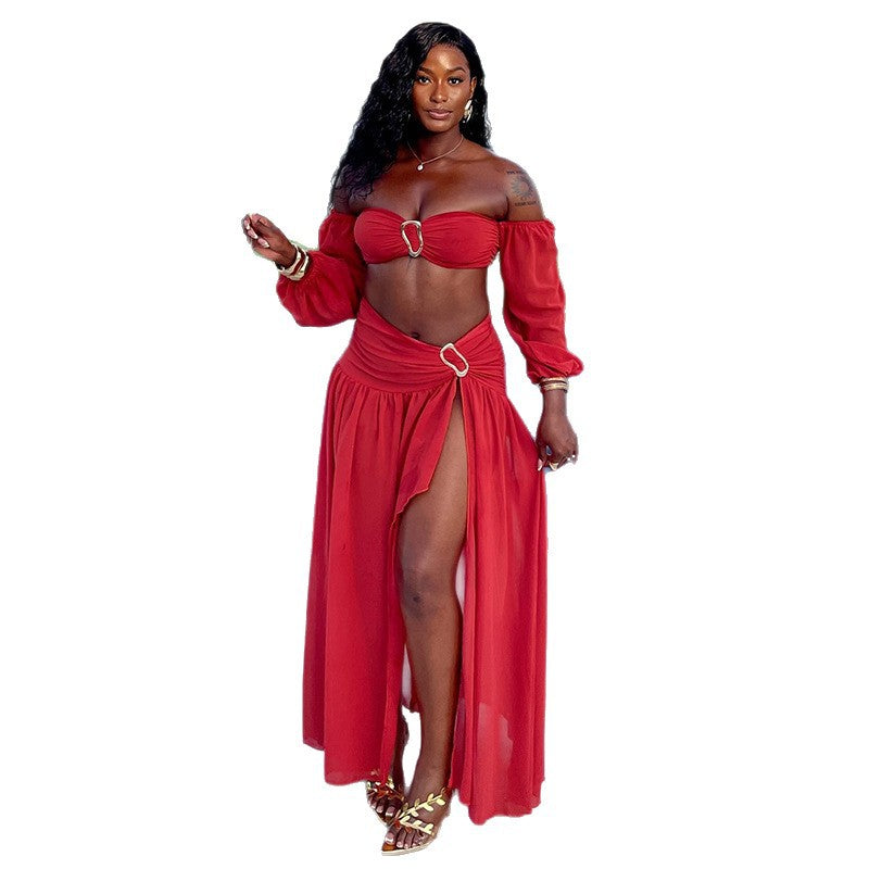 European and american women's clothing  autumn new sweet and fresh hollow-out bandeau lantern sleeve high-waisted slit maxi dress