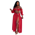 European and american women's clothing  autumn new sweet and fresh hollow-out bandeau lantern sleeve high-waisted slit maxi dress