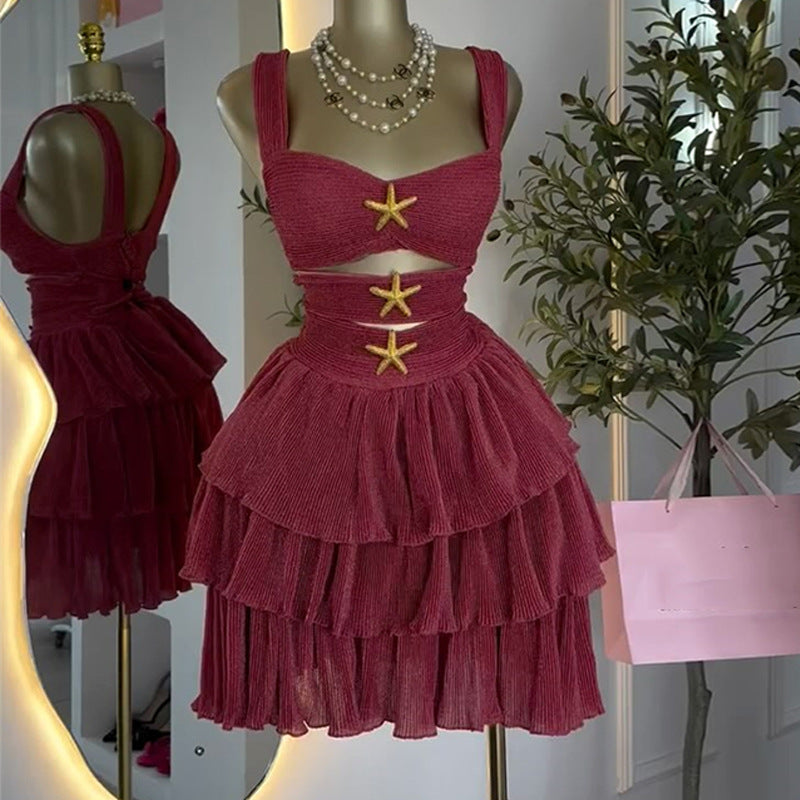 European and american cross-border women's fashion:  summer new arrival - elegant vintage hollow-out ruffle trim high-waisted cami dress