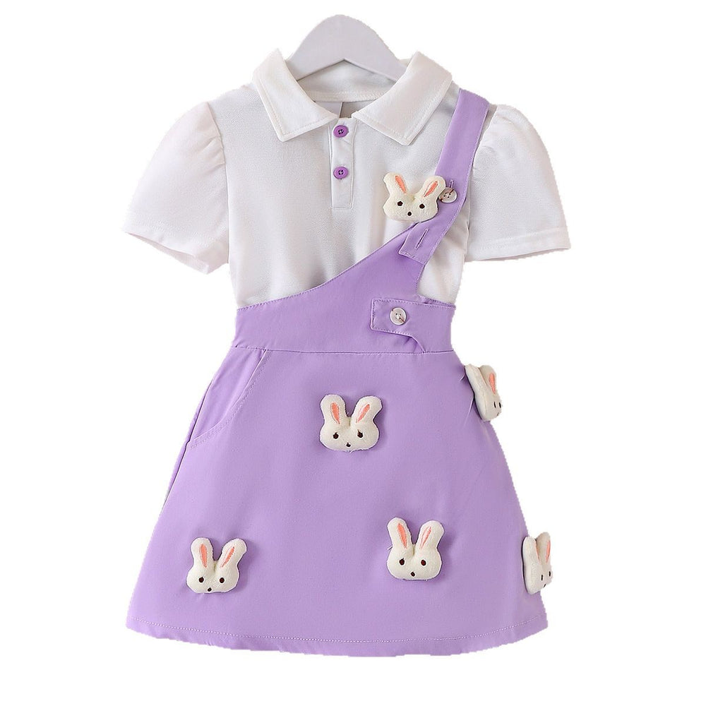 Children's clothing white tops + purple suspender skirt short-sleeved shirt with cute rabbit suspenders