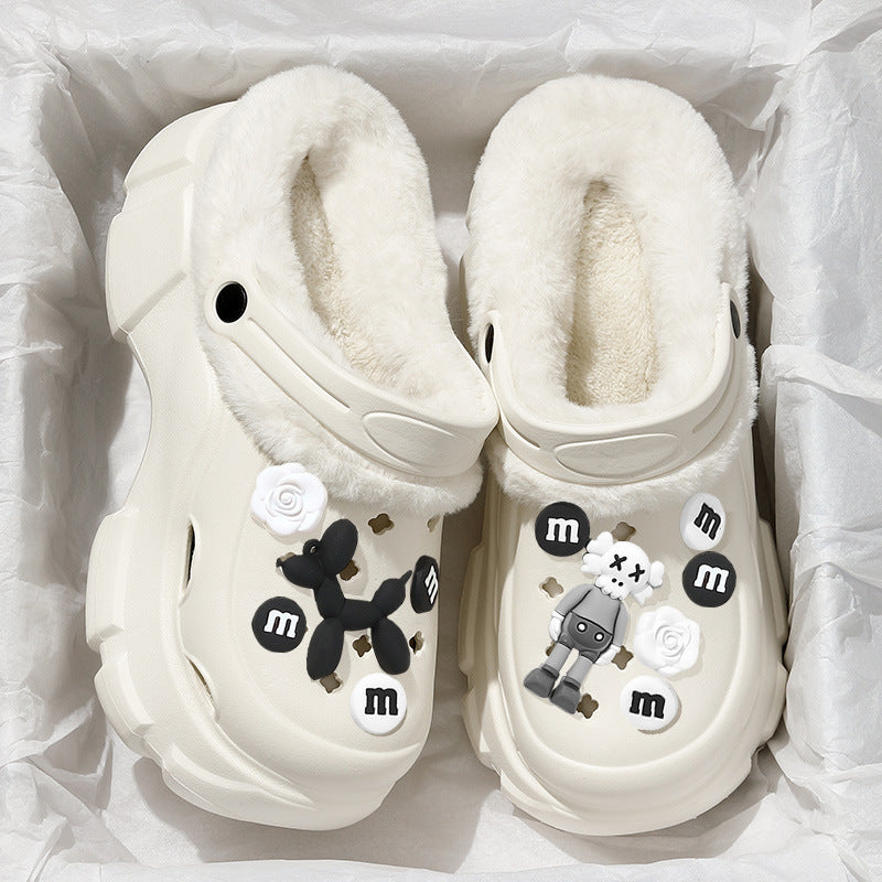 2024 cartoon cotton slippers for girls, new autumn/winter thick-soled, height-increasing, non-slip, two-wear style, fleece-lined warm fuzzy clogs