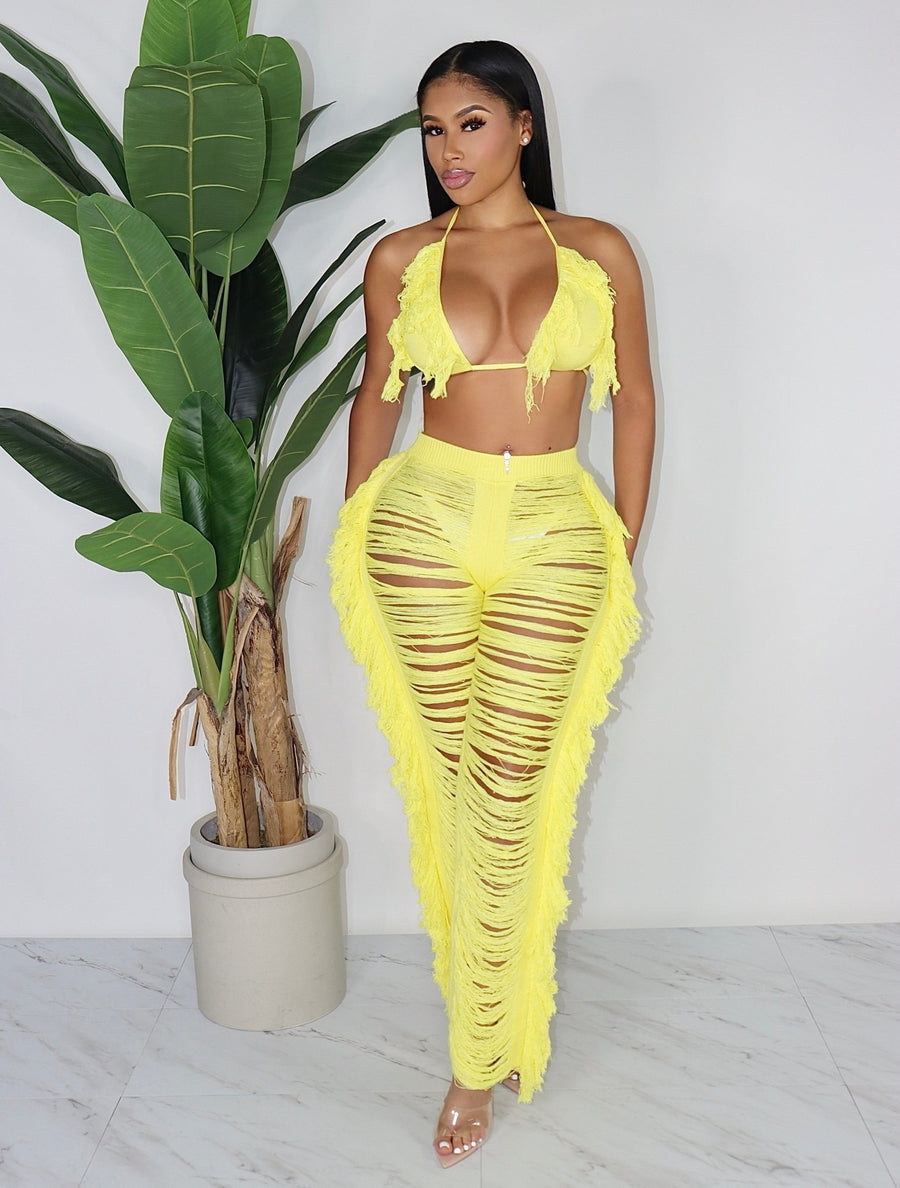 Source factory  summer new european and american style sexy tassel knit pant set