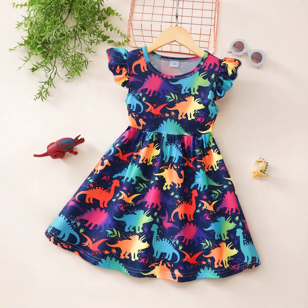 Festive kids' flutter sleeve dinosaur heart print dress