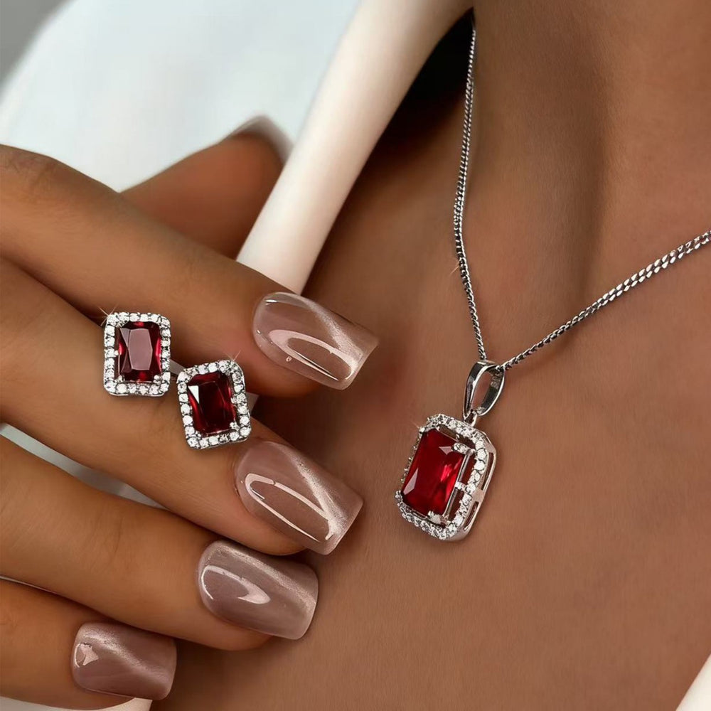 Square diamond necklace and earring jewelry set - european and american niche style, light luxury, high-end, hollow design, elegant jewelry set