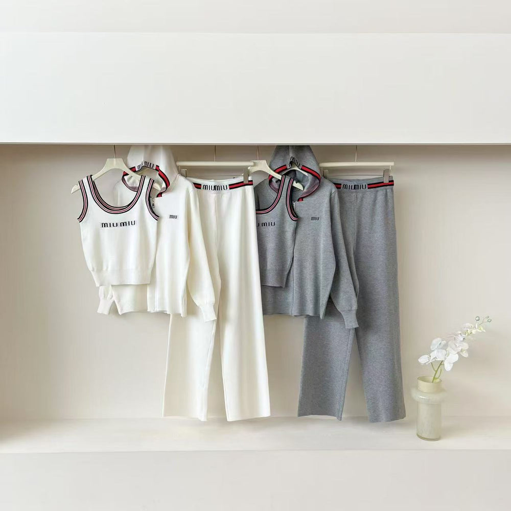 new knitted women's set: hooded embroidered casual top + loose, slimming wide-leg pants - 3 piece set