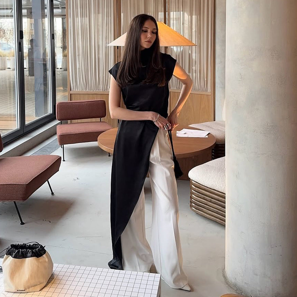 European and American ins style  new elegant semi-turtleneck satin sleeveless top solid color slim-fitting diagonal cut drape T-shirt