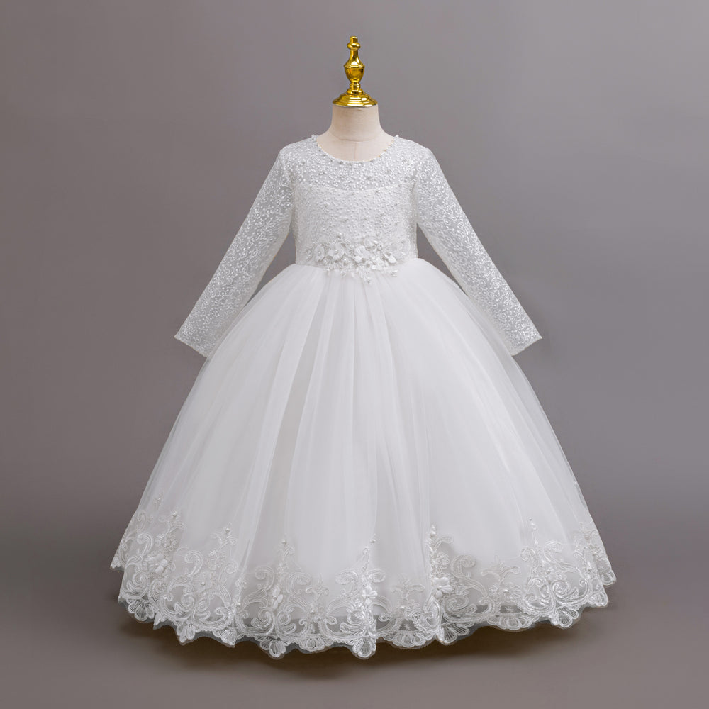 New in stock long sleeveslacekids dress wedding dress princess dress female flower girl birthday dress kids dress