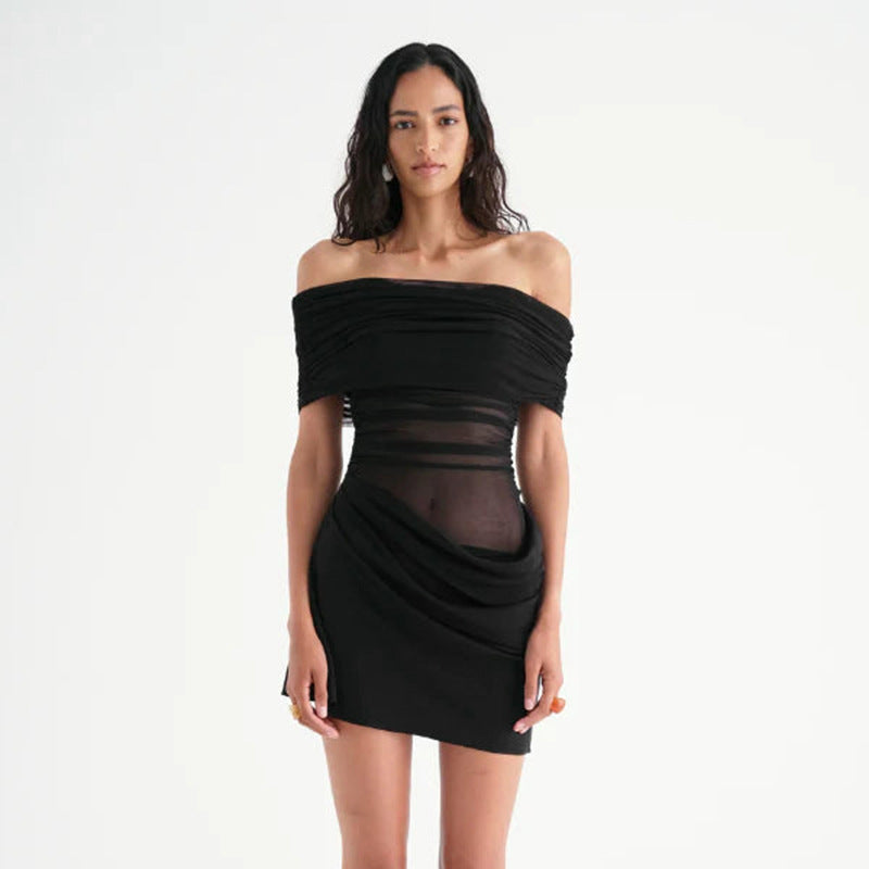 spring/summer new arrivals: european and american style sexy off-the-shoulder mesh panel cutout bodycon pleated dress