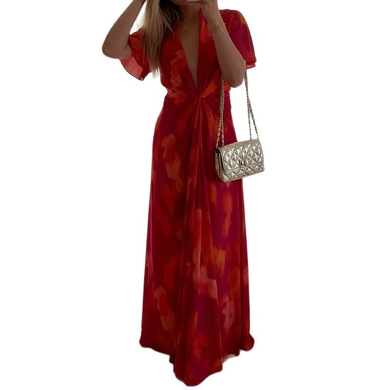summer new women's fashion: european and american style cross-border dress - trendy casual vacation style tie-waist loose maxi dress