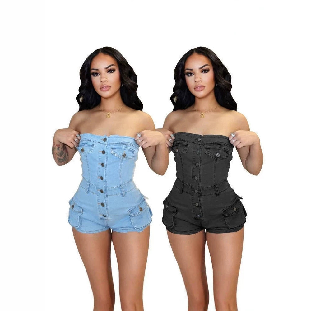 Amazon cross-border  foreign trade trendy sexy european and american denim tube top one-piece shorts hot girl women