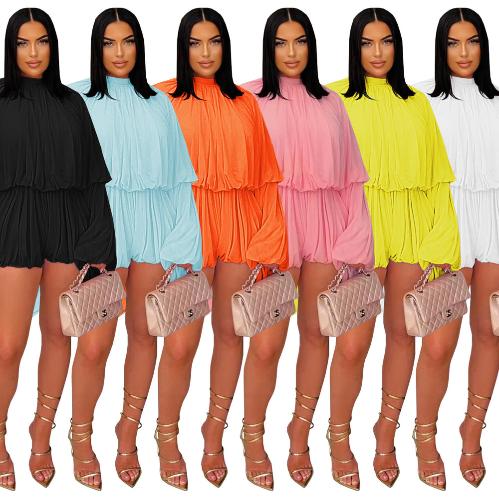 C7432 cross-border   fashion women's fashion casual pleated solid color jumpsuit shorts new