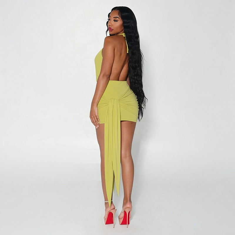 Export fashion sleeveless halter neck backless ruched sexy ribbon detail mini dress - new summer  collection for european and american women