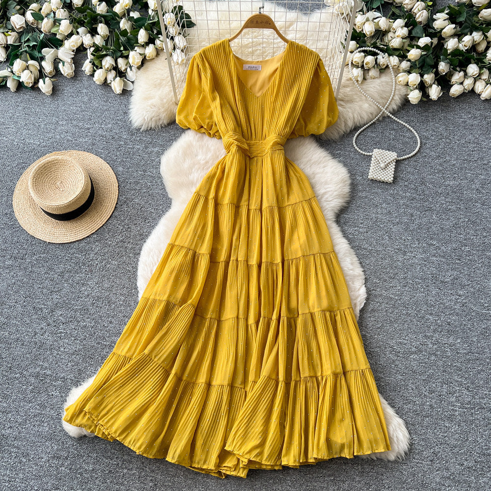 Frenchv neck small diamond elegantdress women's summer k-style waist slimming look a-line cake long skirt dopamine style