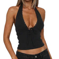 European and american cross-border women's fashion  new v-neck sexy backless bandeau patchwork lace-up halter top