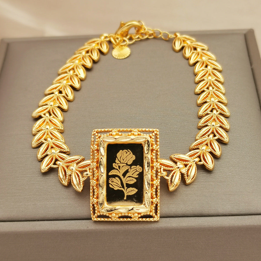 Vintage-inspired rose pattern square pendant bracelet, perfect for women's holiday parties, bridal showers, and weddings
