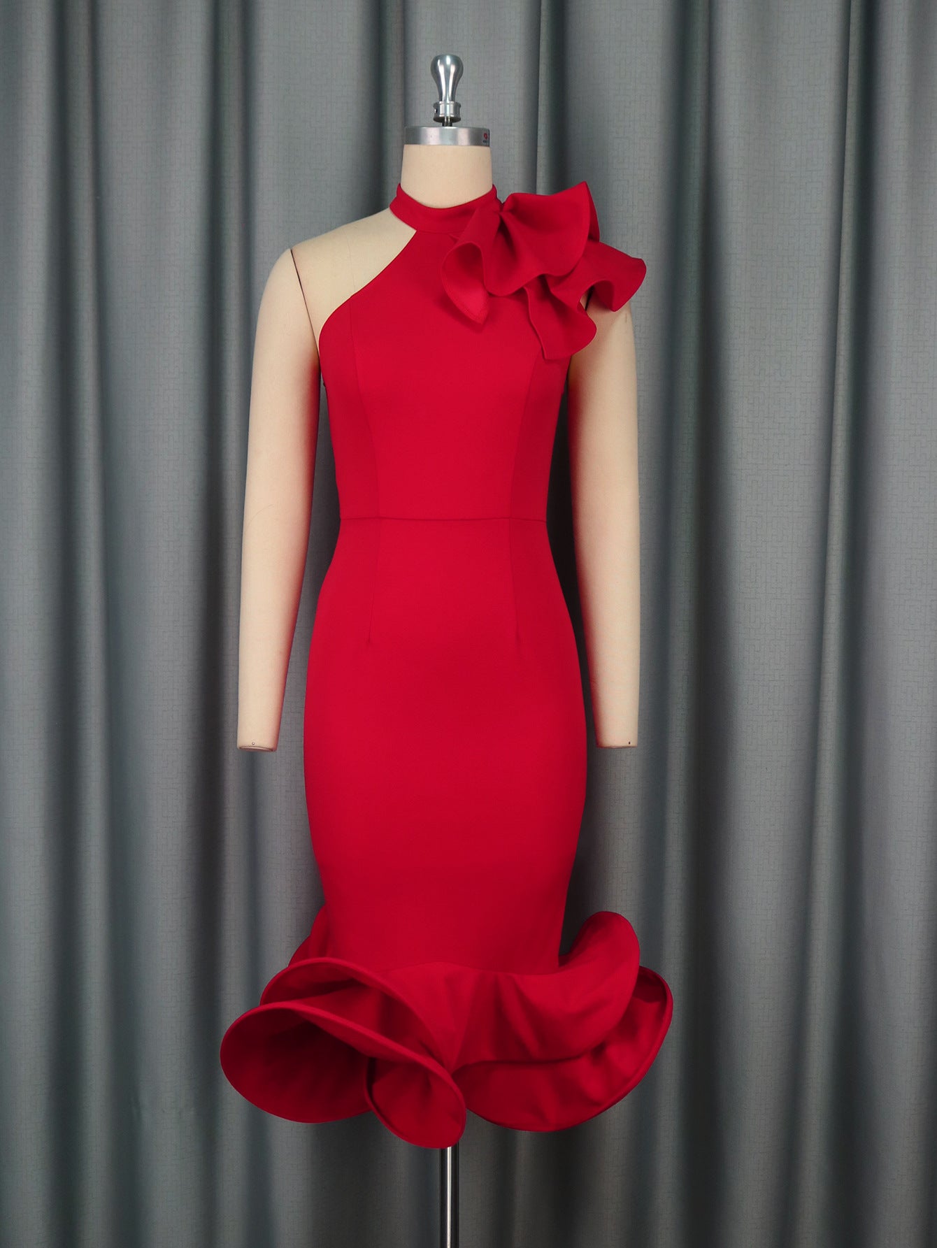 Cross-border European and American elegant semi-turtleneck ruffle dress, off-the-shoulder ruffle hem banquet evening dress Dresses