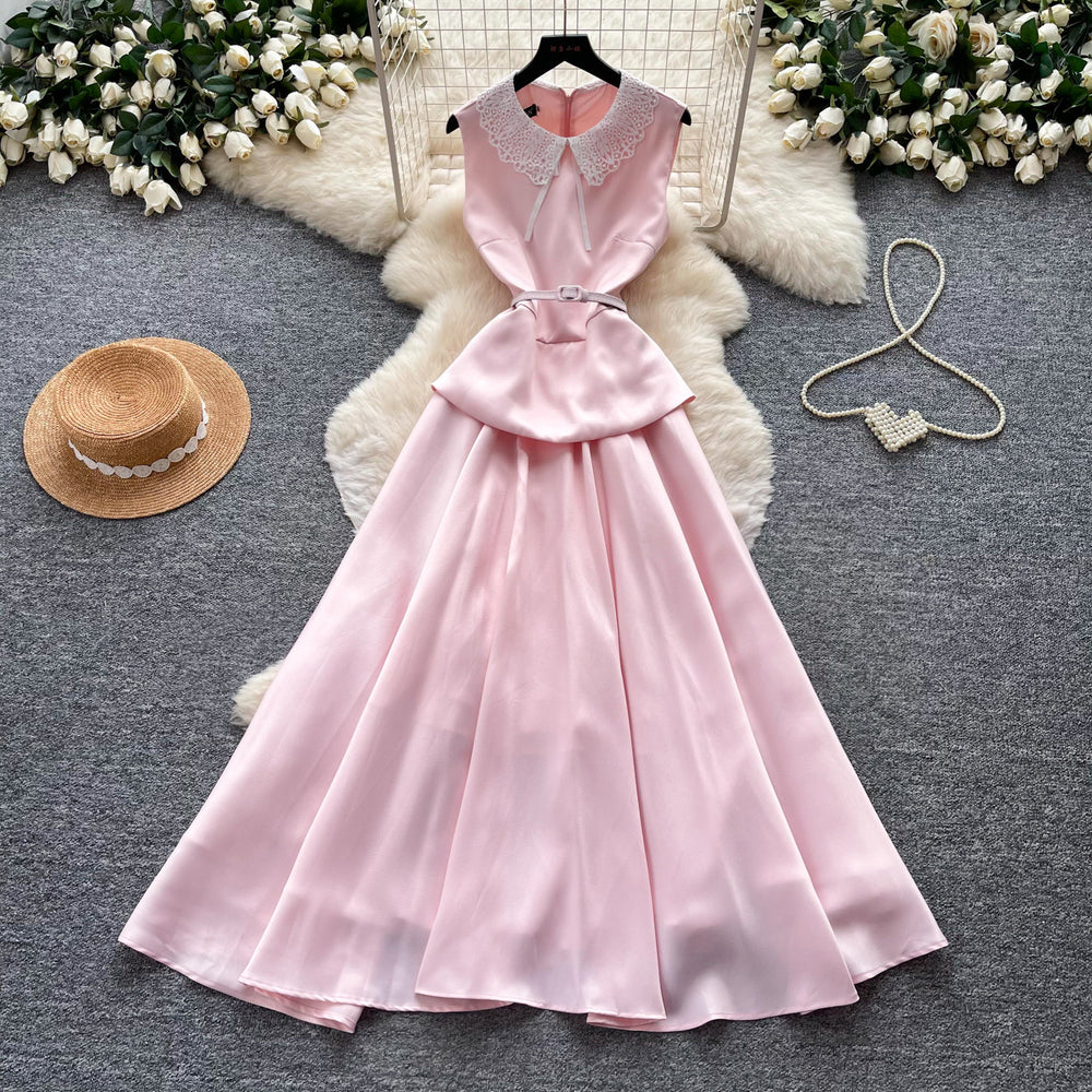 Celebrity style lace doll collar red a-line dress female summer pure lust style high waist waist elegant long skirt work clothing