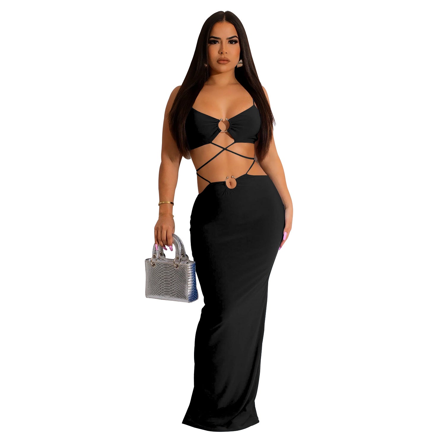C6309 Cross-border   European and American fashion women's clothing solid color strap iron ring sleeveless long dress dress