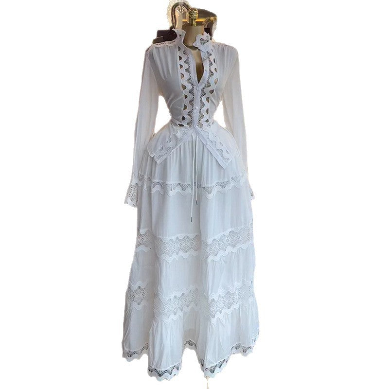 European and american women's clothing  autumn new sweet and fresh stand collar lace patchwork blouse high waist midi skirt two-piece set