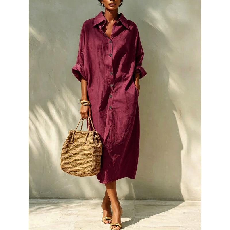 european and american cross-border new arrival: solid color long-sleeve shirt collar dress