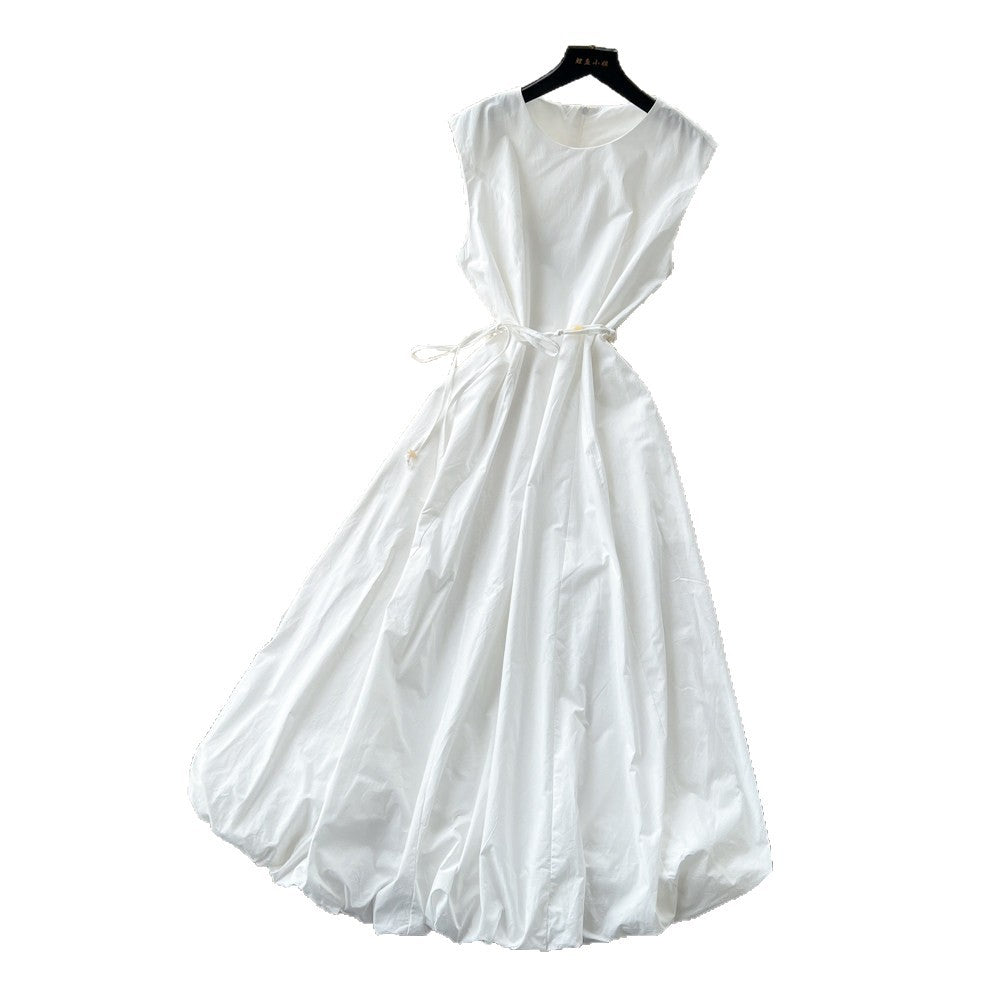 French sleeveless tie-up a-line tulip dress - women's summer high-waisted cinched waist tie detail flowy luxury work dress