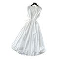 French sleeveless tie-up a-line tulip dress - women's summer high-waisted cinched waist tie detail flowy luxury work dress